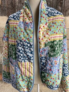 Floral Patchwork Quilted Jacket Cottagecore Boho Open Front Lightweight Puffer